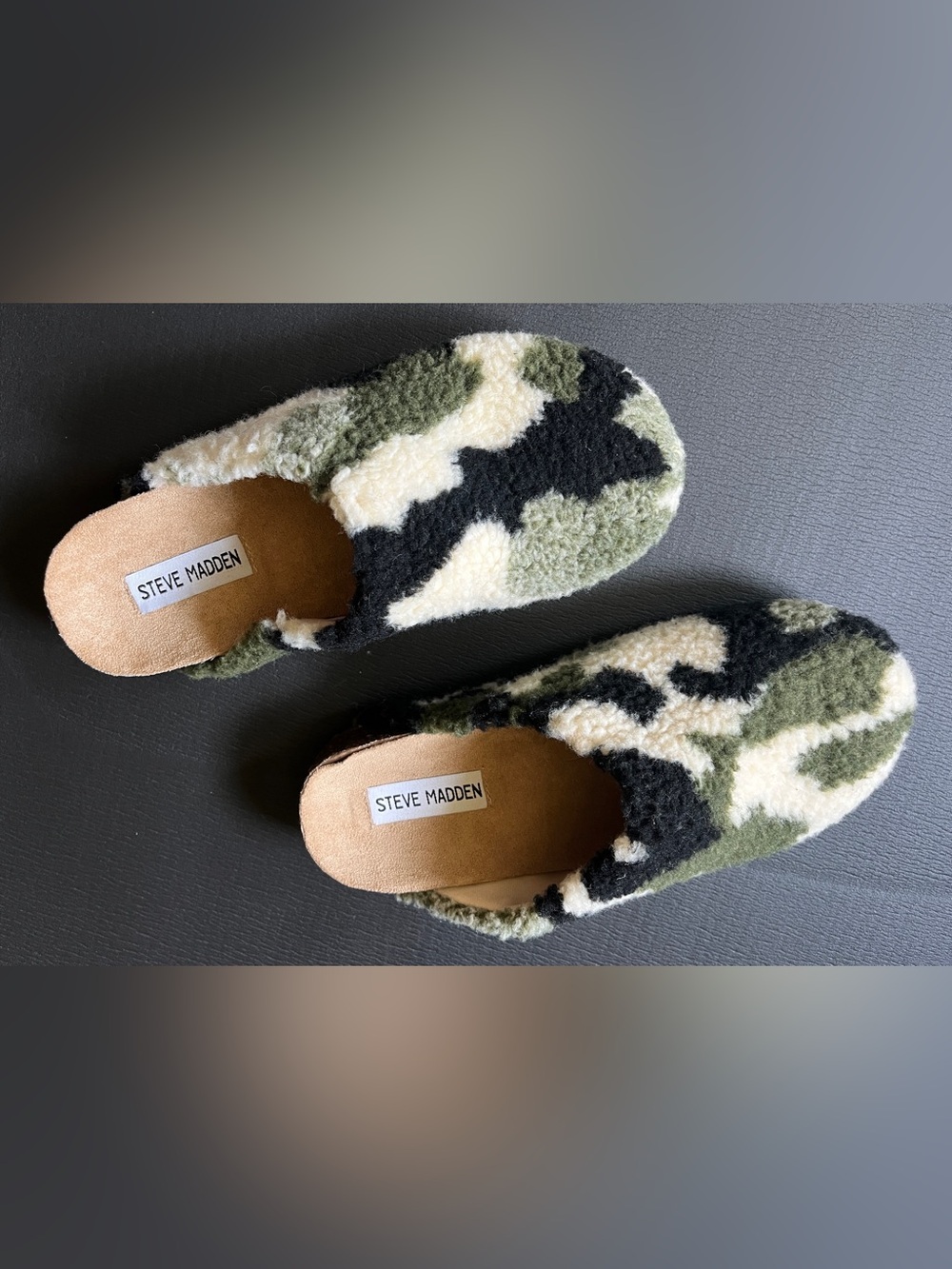 Steve Madden Sherpa Camouflage Slip-On Slippers - Green/Black/Cream